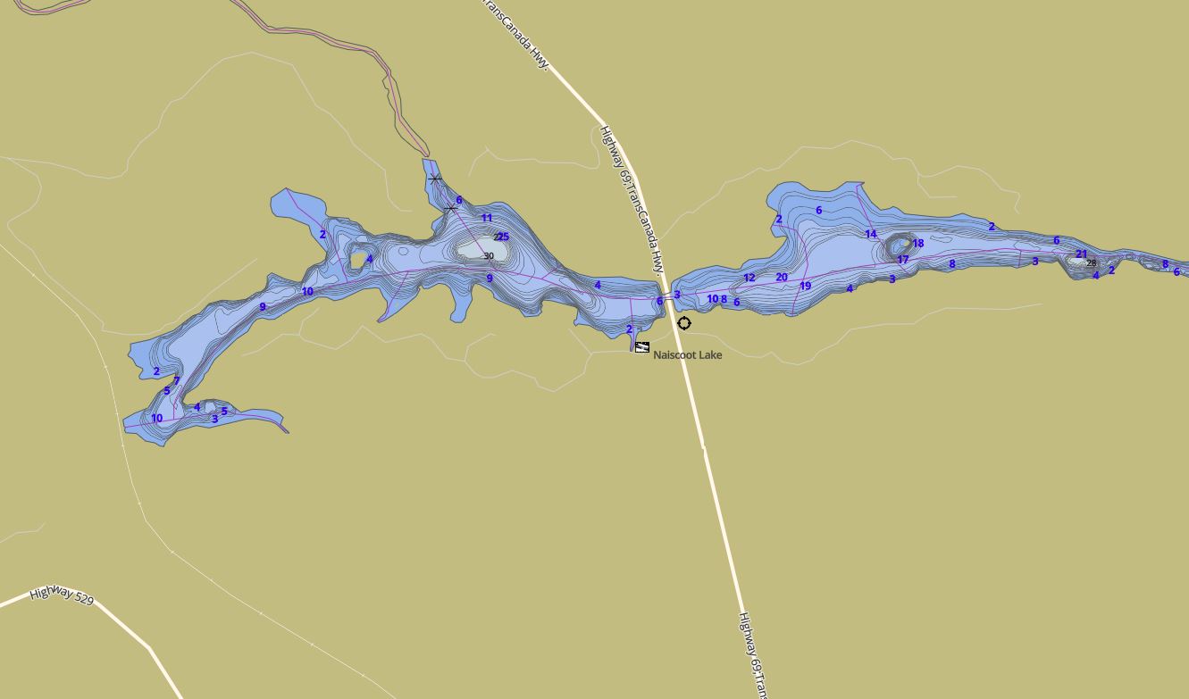 Contour Map of Naiscoot Lake in Municipality of Archipelago and the District of Parry Sound